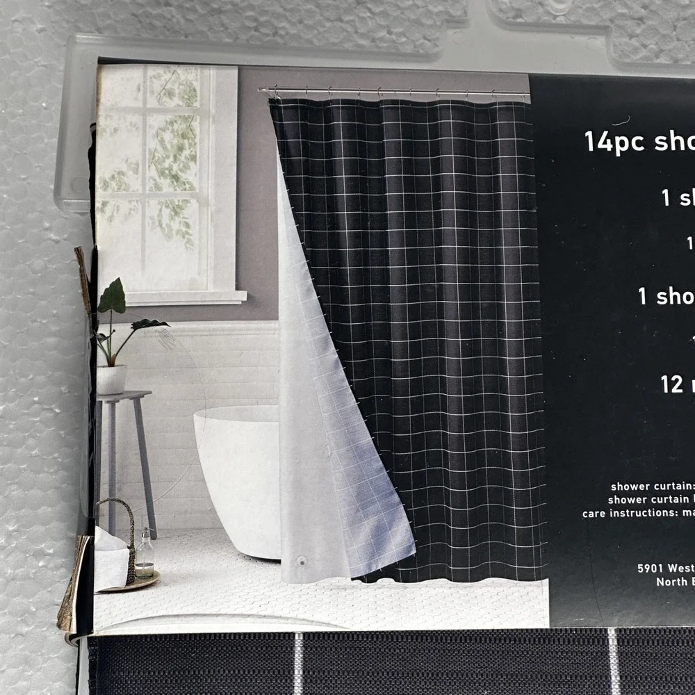 Jade Oake 14pc Modern Chic Grid Shower Curtain Set Gray White Bathroom Decor New